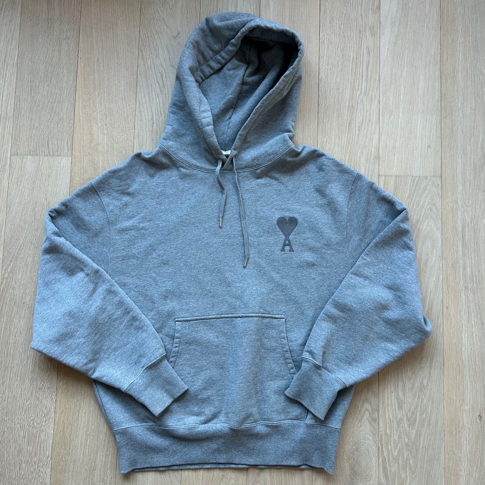 AMI‎ Paris Ami de Coeur Embroidery Tonal Heart Hoodie Heather Grey Sz L F/W21